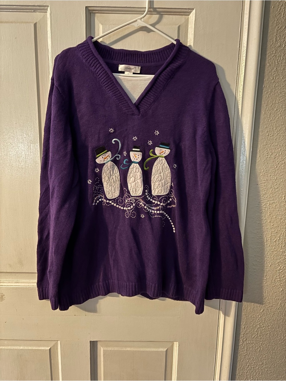 CJ Banks Purple Snowman Embroidered V-Neck Knit Pullover Sweater 2X